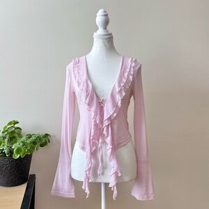 Light Pink Ruffle-Front Long Sleeve Blouse